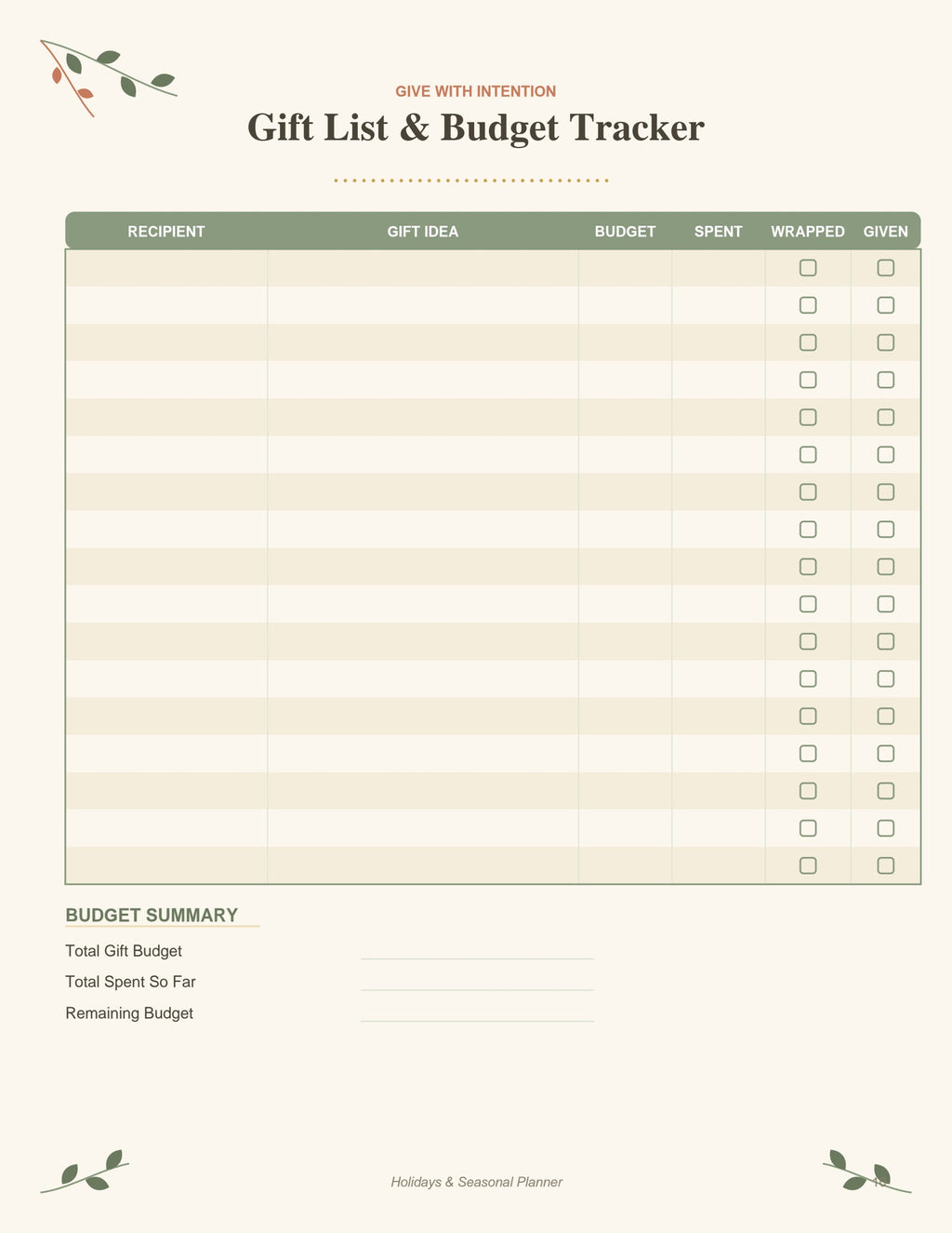 Holidays & Seasonal Planner printable PDF, page 10