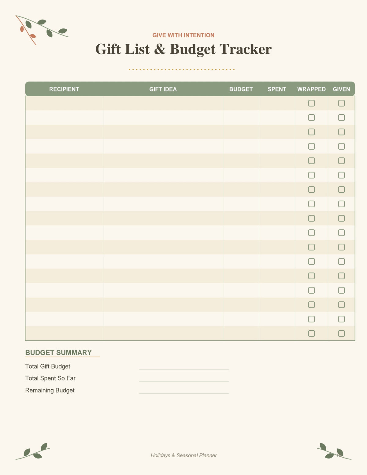 Holidays & Seasonal Planner printable PDF, page 10