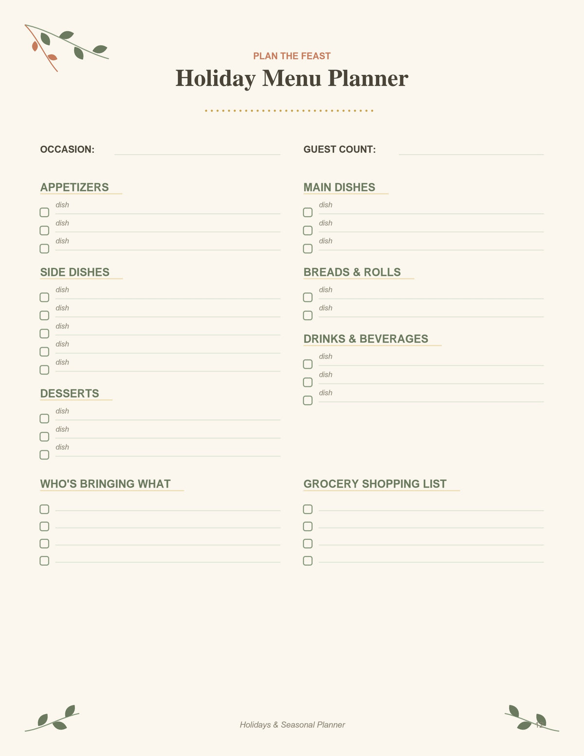 Holidays & Seasonal Planner printable PDF, page 12