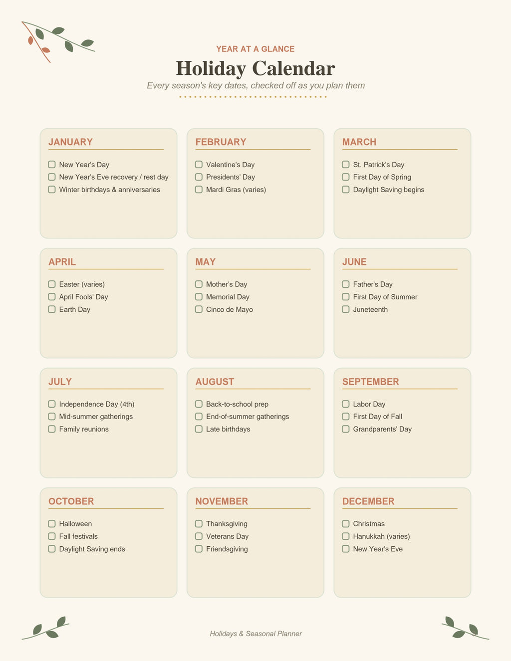 Holidays & Seasonal Planner printable PDF, page 3