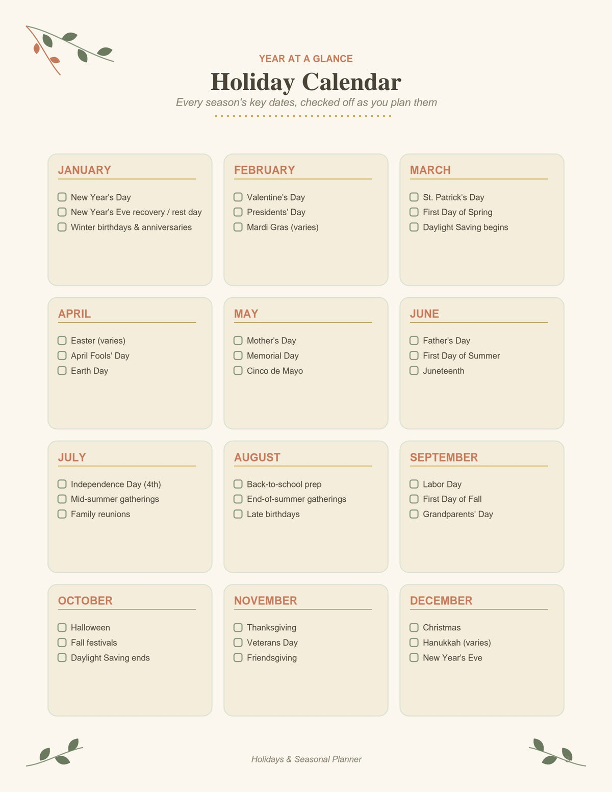 Holidays & Seasonal Planner printable PDF, page 3