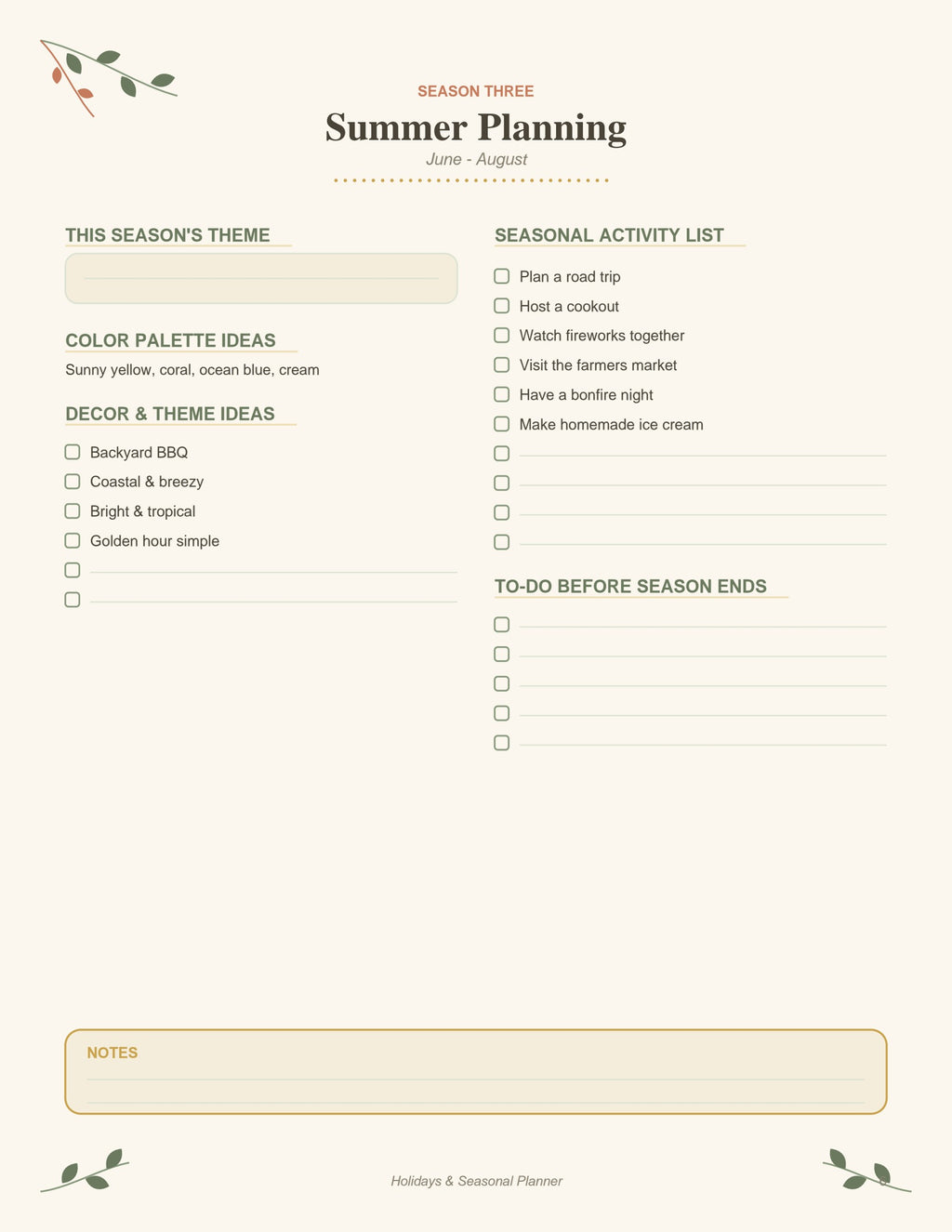 Holidays & Seasonal Planner printable PDF, page 6