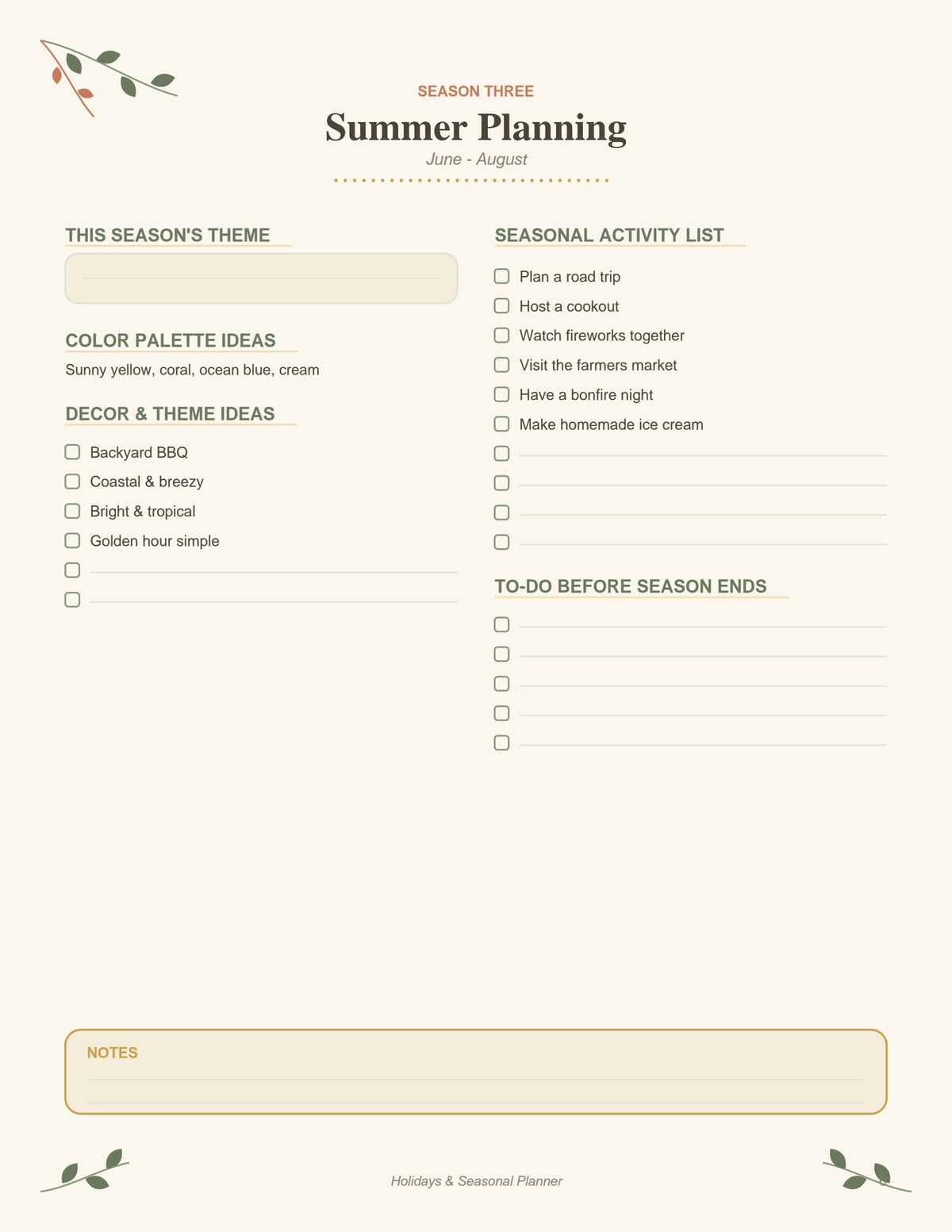 Holidays & Seasonal Planner printable PDF, page 6