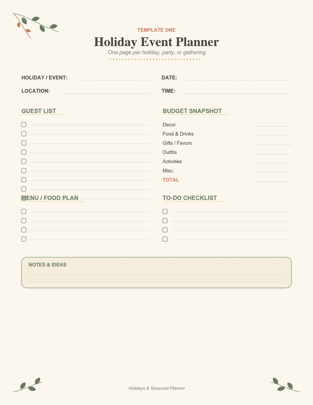 Holidays & Seasonal Planner printable PDF, page 8