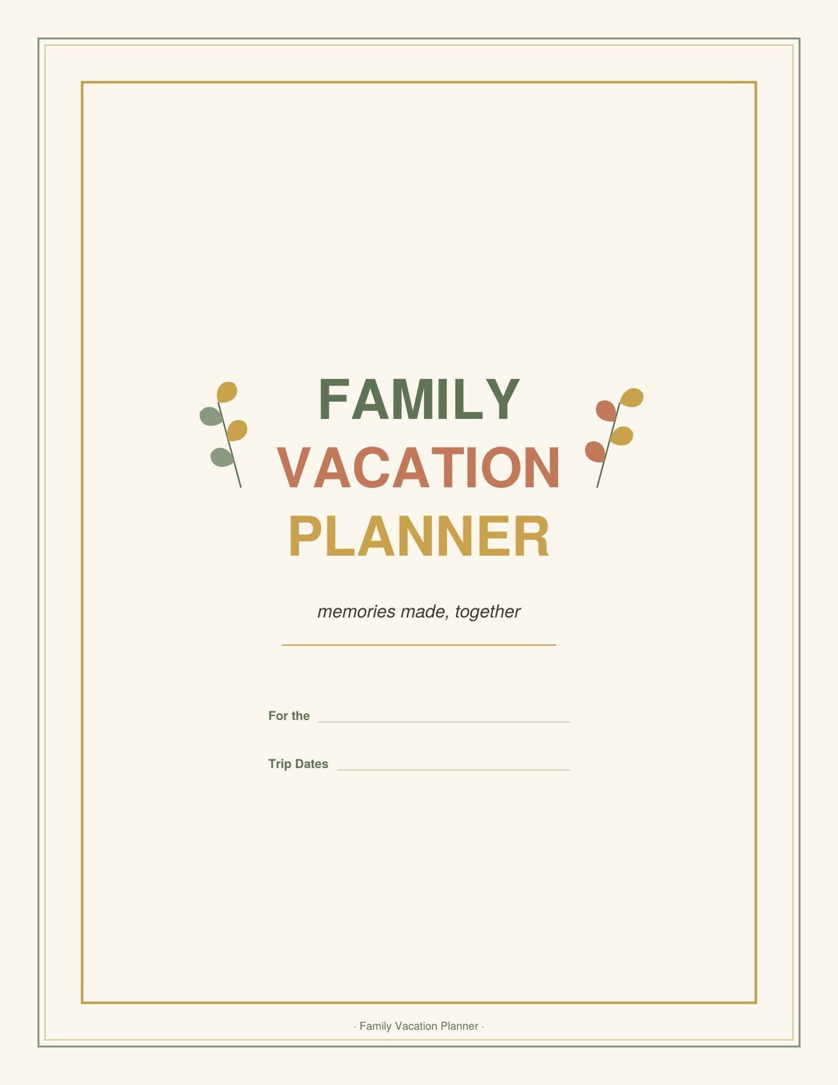 Family Vacation Planner printable PDF cover with botanical design