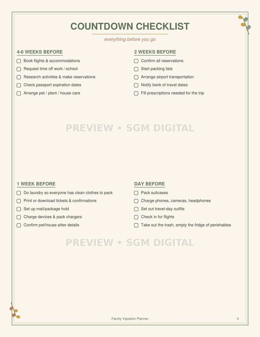 Printable vacation countdown checklist from 6 weeks out to the day before