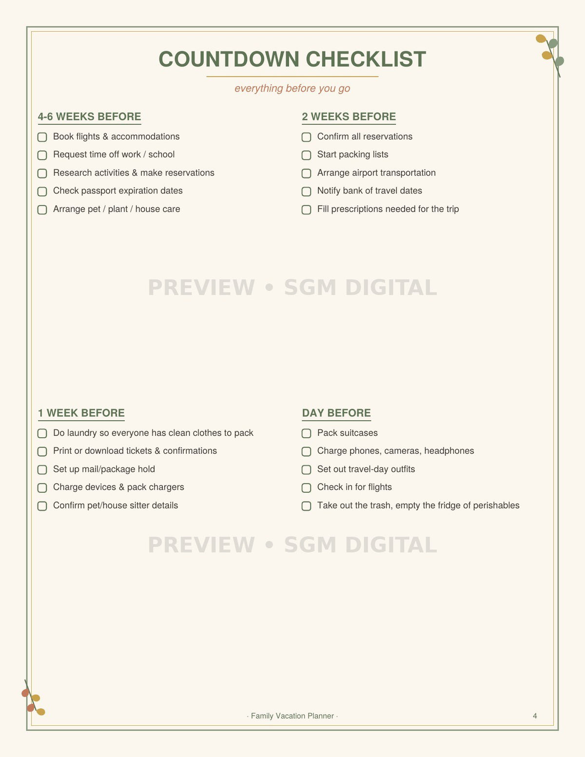 Printable vacation countdown checklist from 6 weeks out to the day before