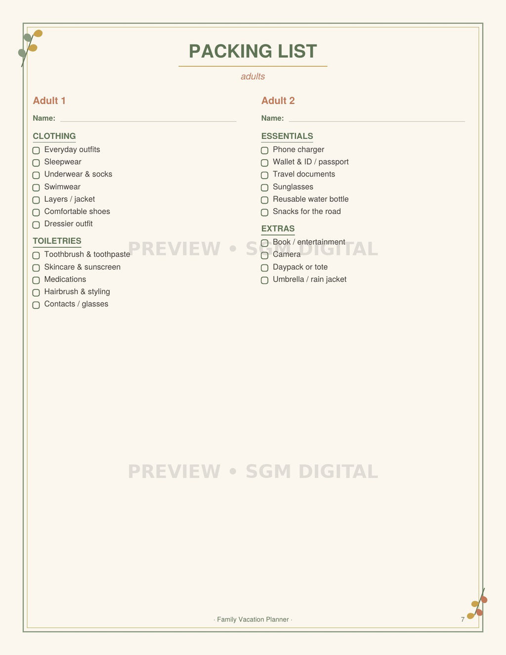 Printable vacation packing list for adults