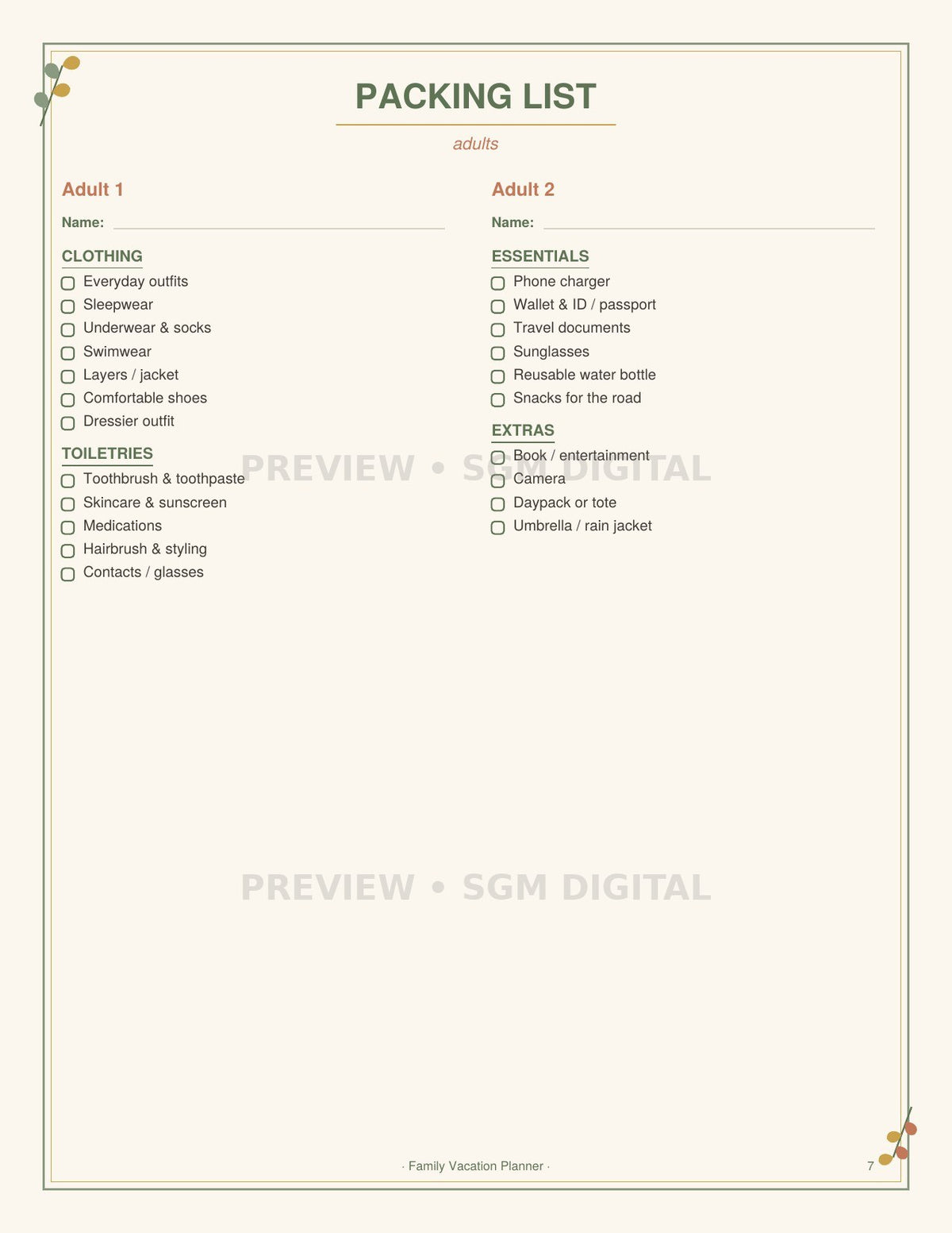 Printable vacation packing list for adults