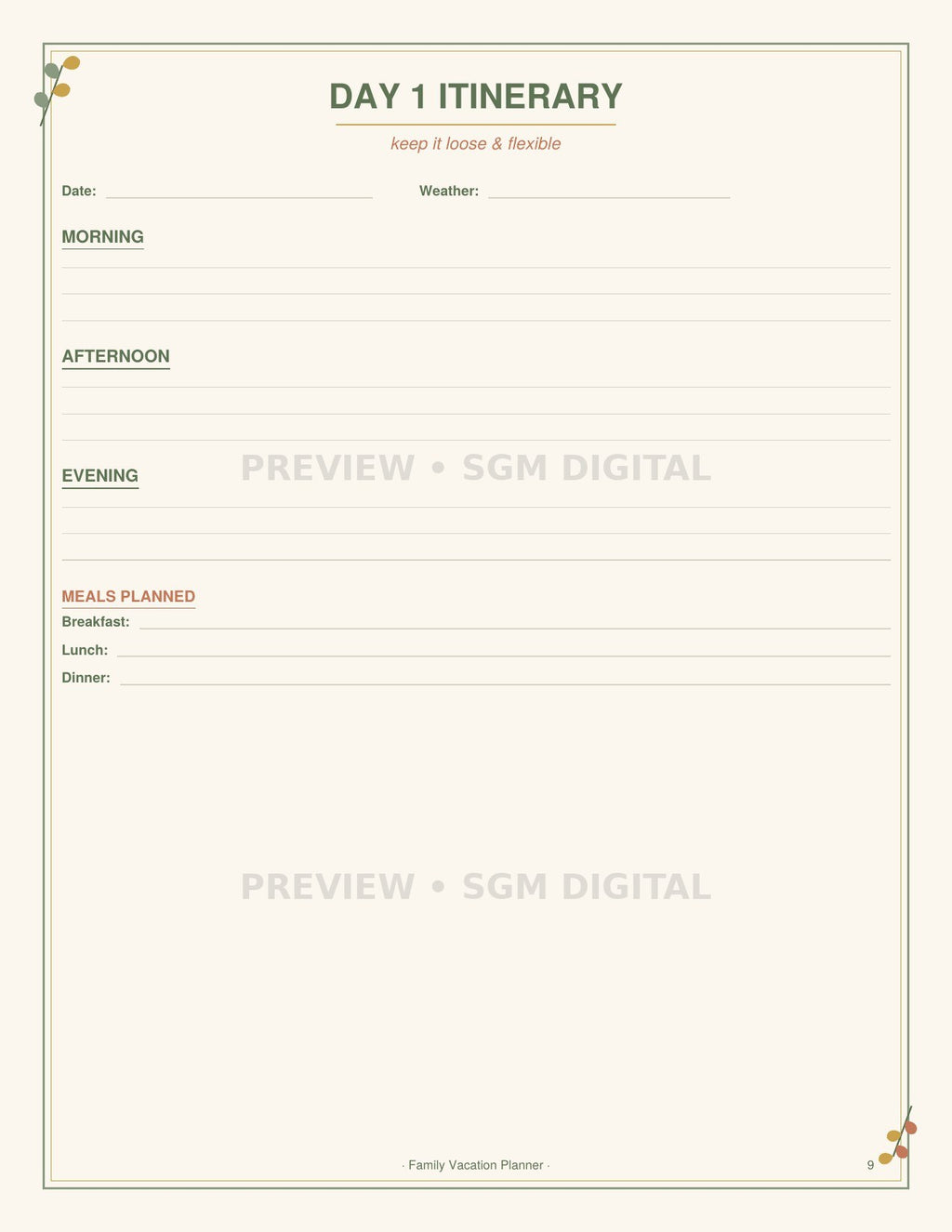 Printable daily trip itinerary page with morning, afternoon, evening and meals