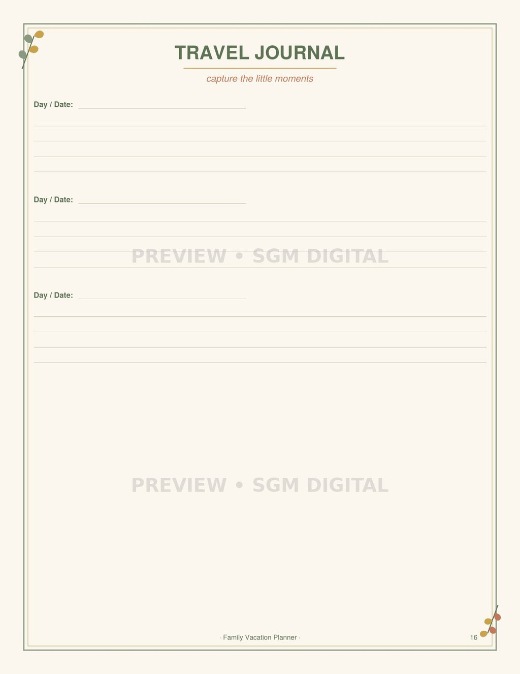 Printable family travel journal page