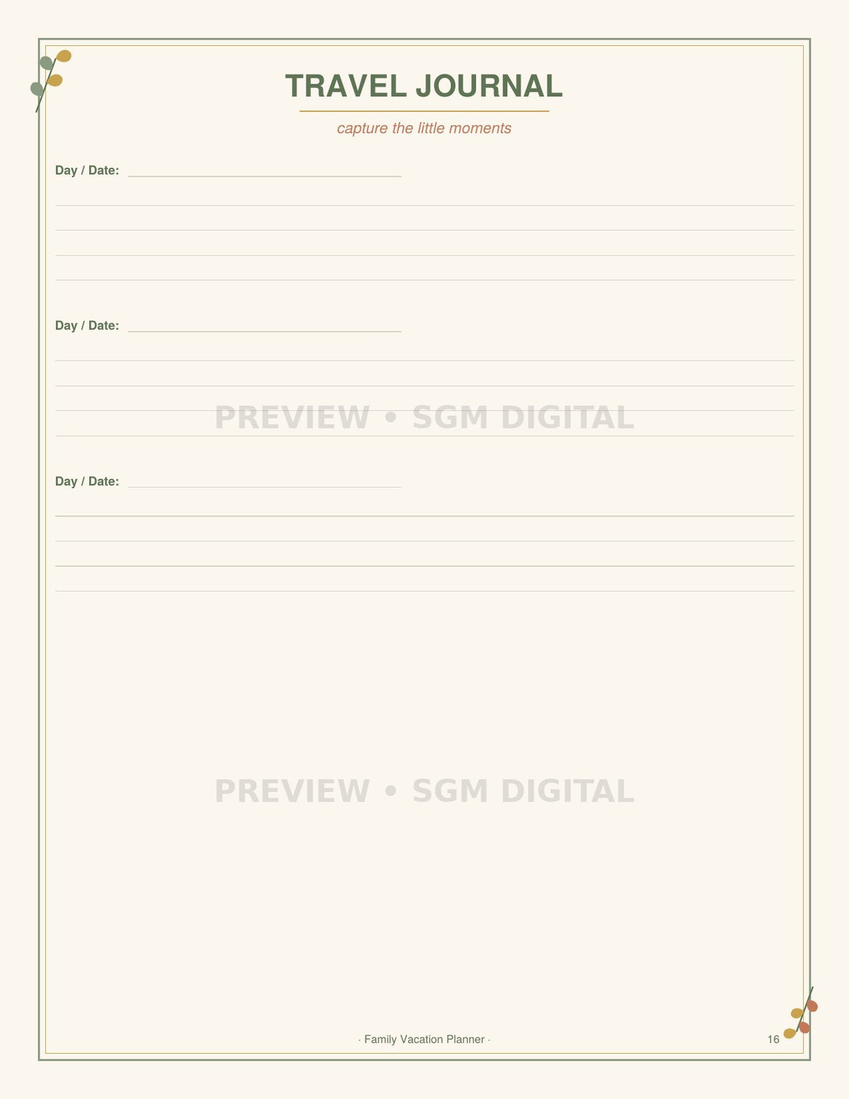 Printable family travel journal page