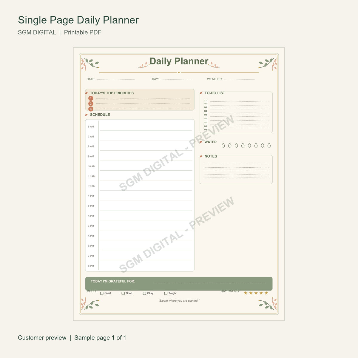 Single Page Daily Planner