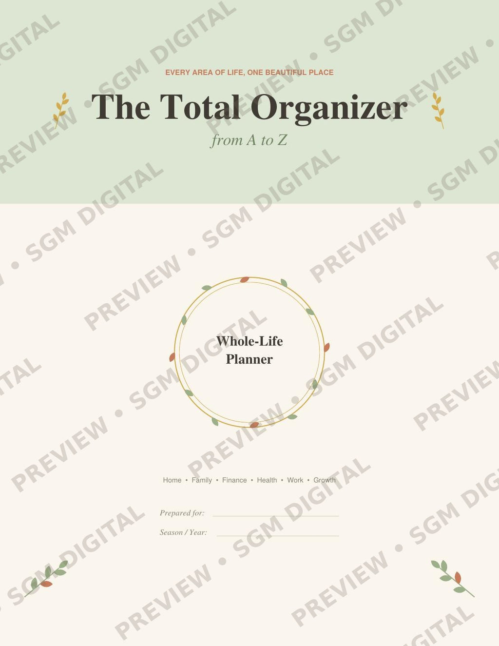 The Total Organizer: From A to Z all-in-one printable life planner cover, sage and terracotta botanical design