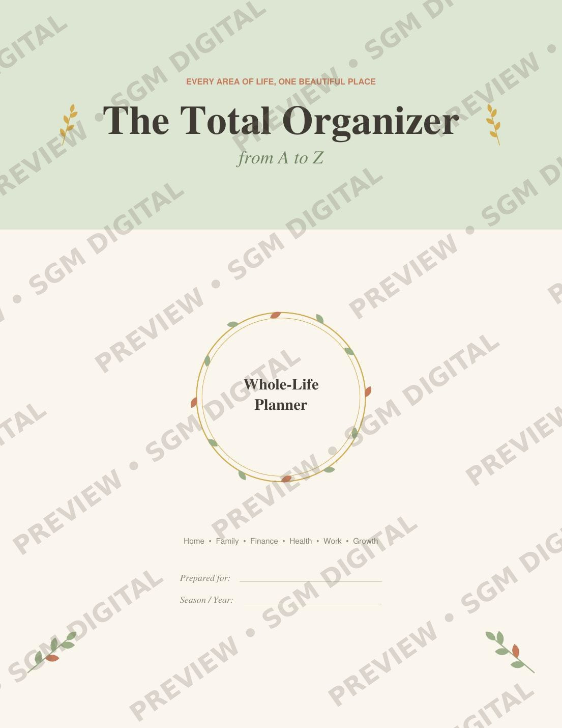 The Total Organizer: From A to Z all-in-one printable life planner cover, sage and terracotta botanical design