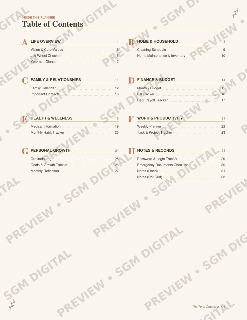 The Total Organizer printable life planner - table of contents