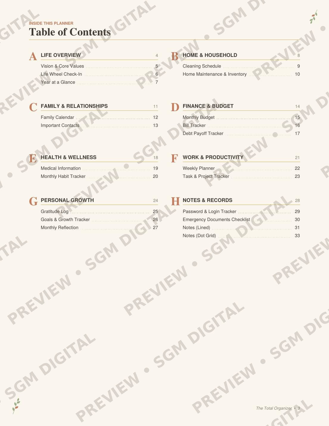 The Total Organizer printable life planner - table of contents