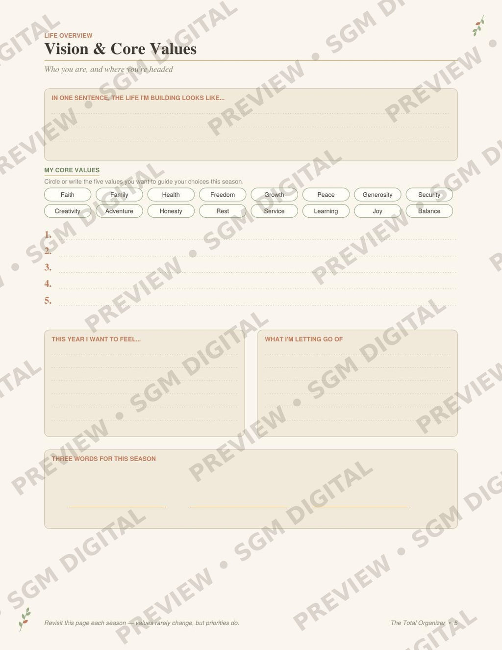 The Total Organizer printable life planner - vision and core values page