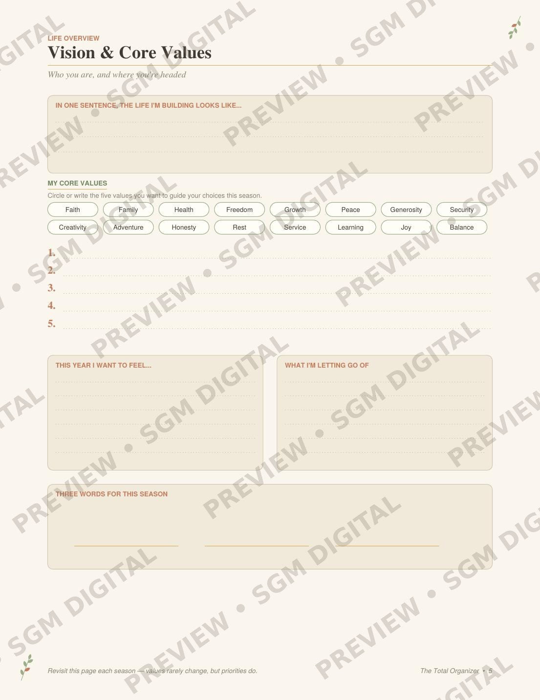 The Total Organizer printable life planner - vision and core values page