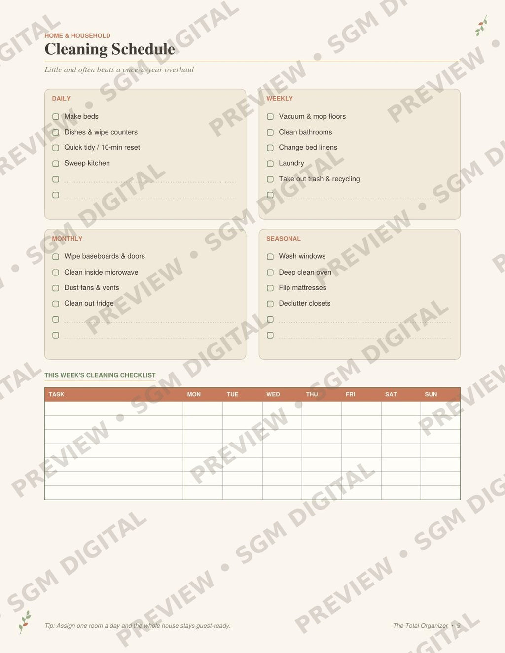 The Total Organizer printable life planner - cleaning schedule