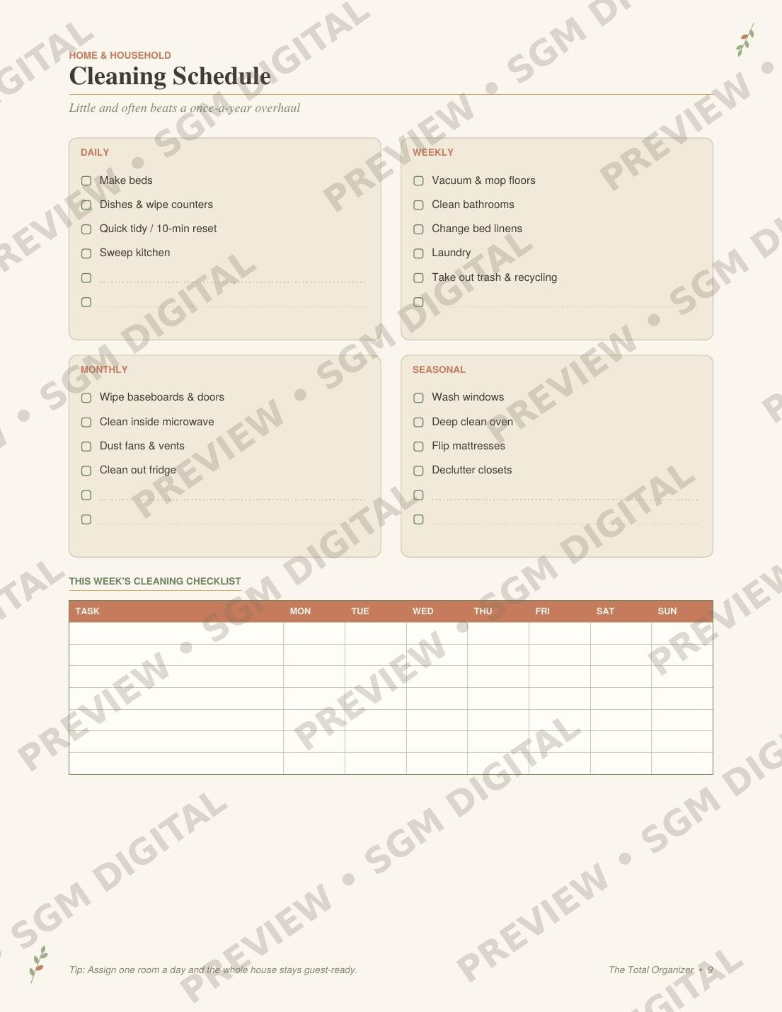 The Total Organizer printable life planner - cleaning schedule