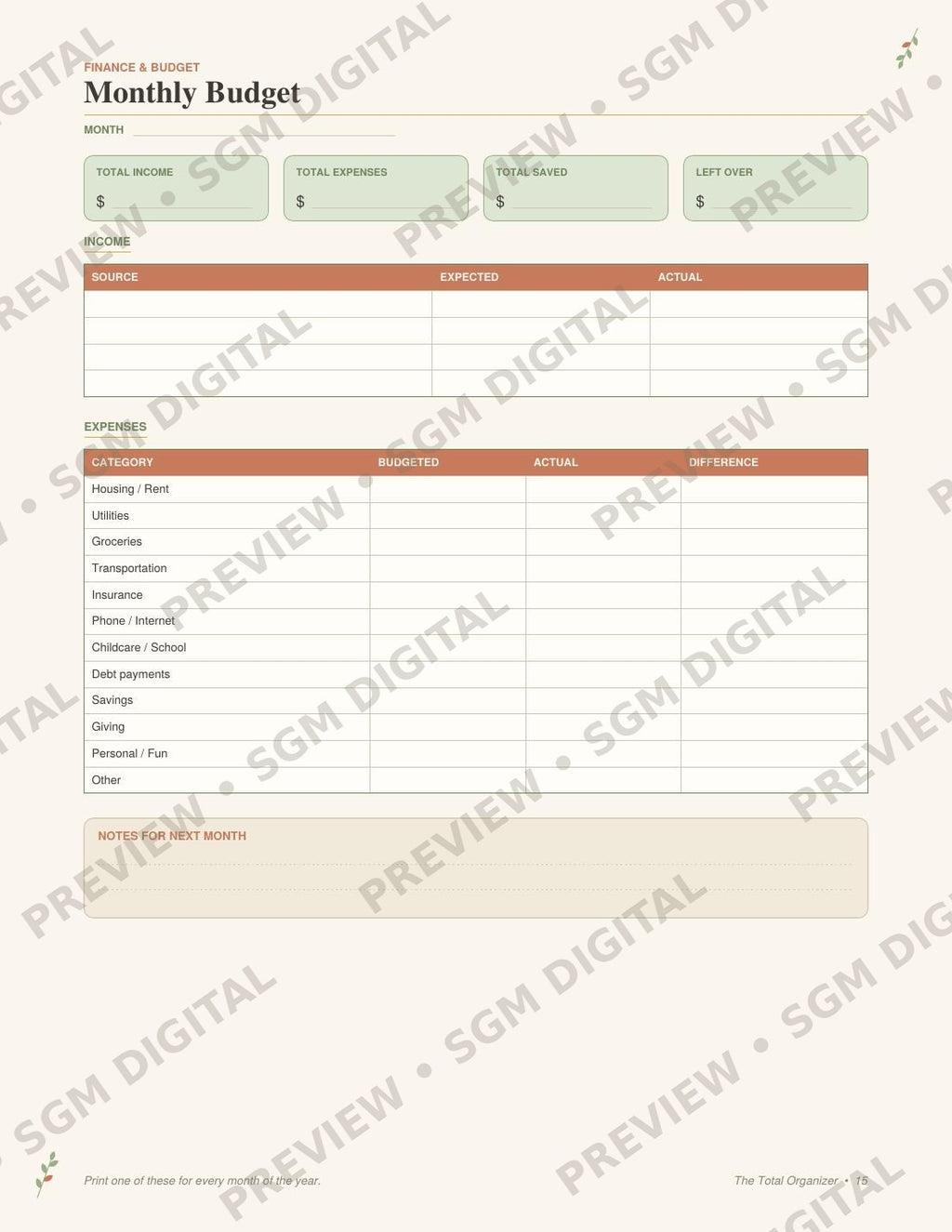 The Total Organizer printable life planner - monthly budget page
