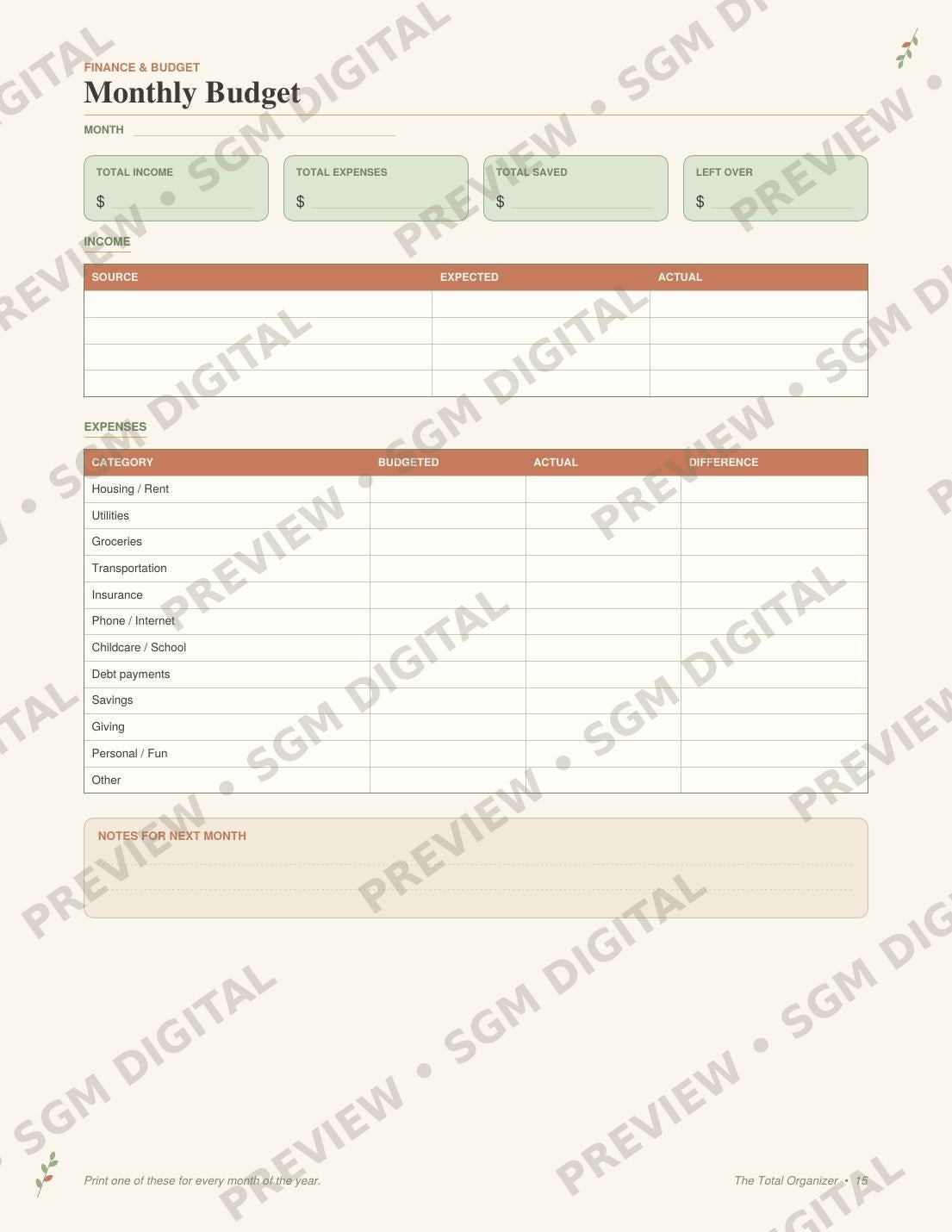 The Total Organizer printable life planner - monthly budget page