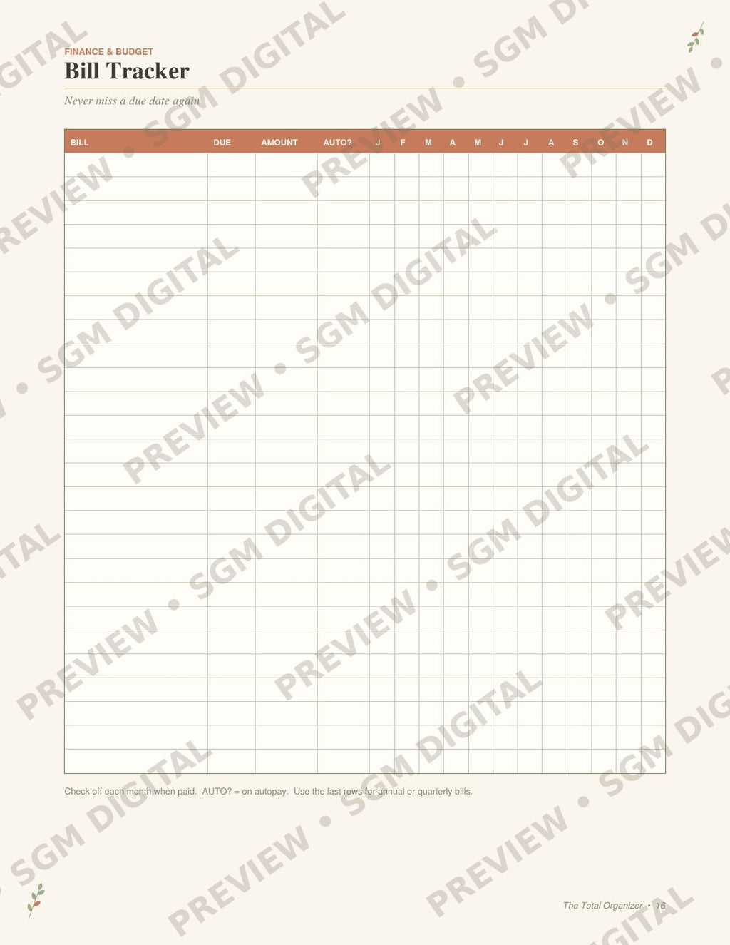 The Total Organizer printable life planner - 12-month bill tracker