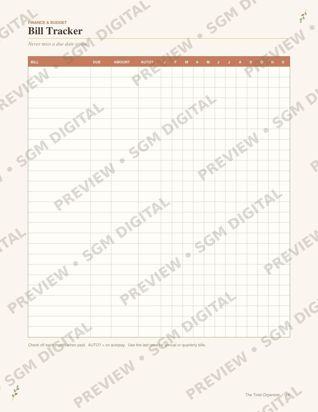 The Total Organizer printable life planner - 12-month bill tracker