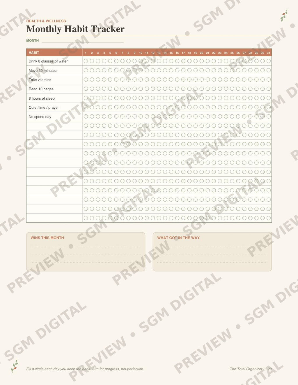 The Total Organizer printable life planner - monthly habit tracker