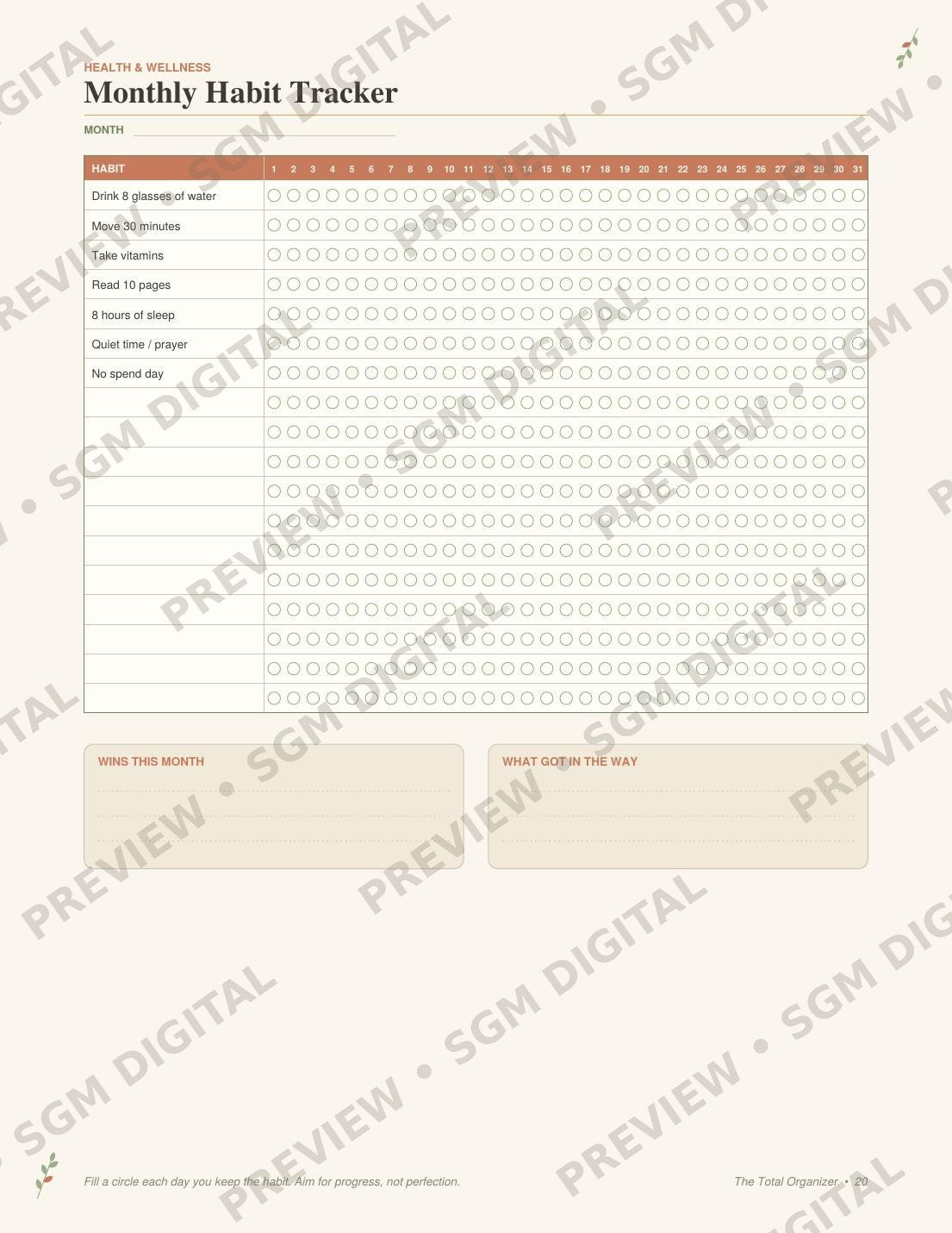 The Total Organizer printable life planner - monthly habit tracker