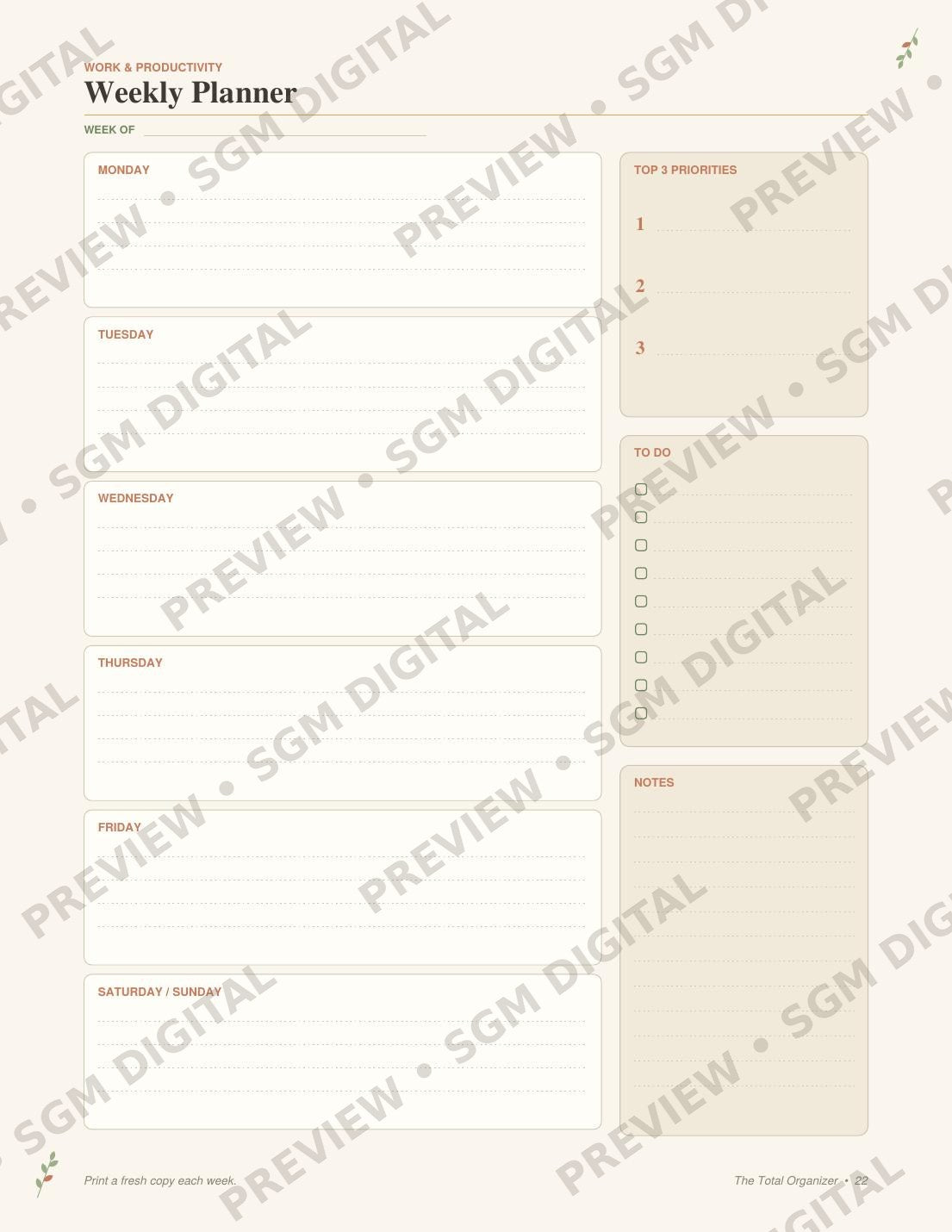 The Total Organizer printable life planner - weekly planner