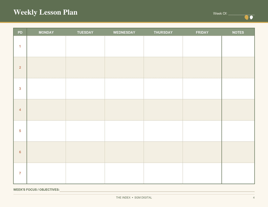 Weekly Teacher Lesson Planner – Printable 7-Period Lesson Plan Template (Undated)