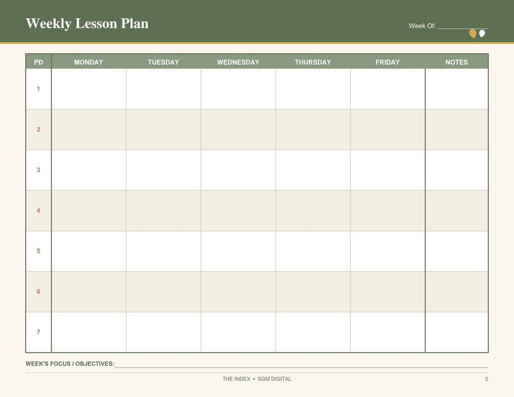 Weekly Teacher Lesson Planner – Printable 7-Period Lesson Plan Template (Undated)