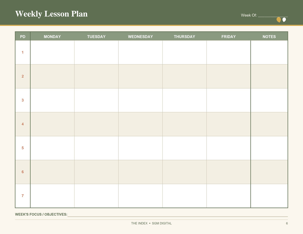 Weekly Teacher Lesson Planner – Printable 7-Period Lesson Plan Template (Undated)