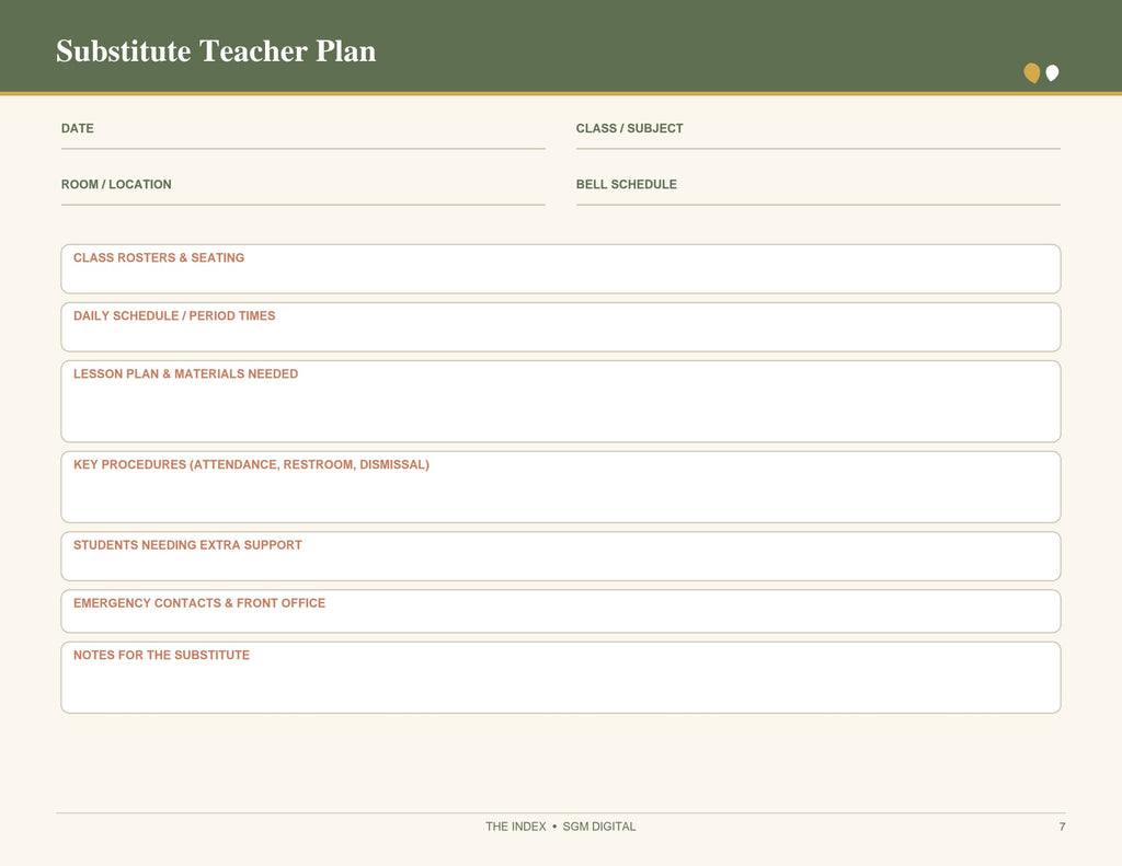 Weekly Teacher Lesson Planner – Printable 7-Period Lesson Plan Template (Undated)